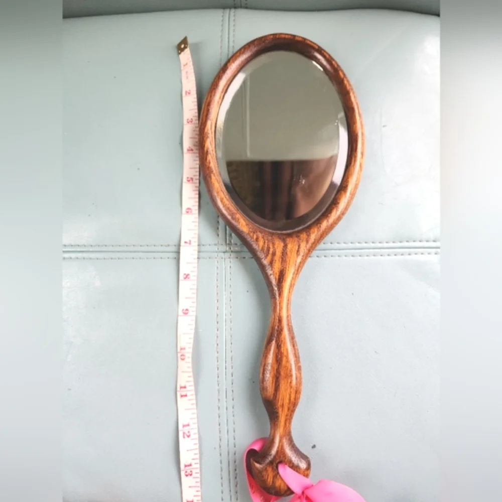 Prairie BEVELED Rich Brown Tiger Wood Oval Handle OOAK Carved Flower Hand Mirror